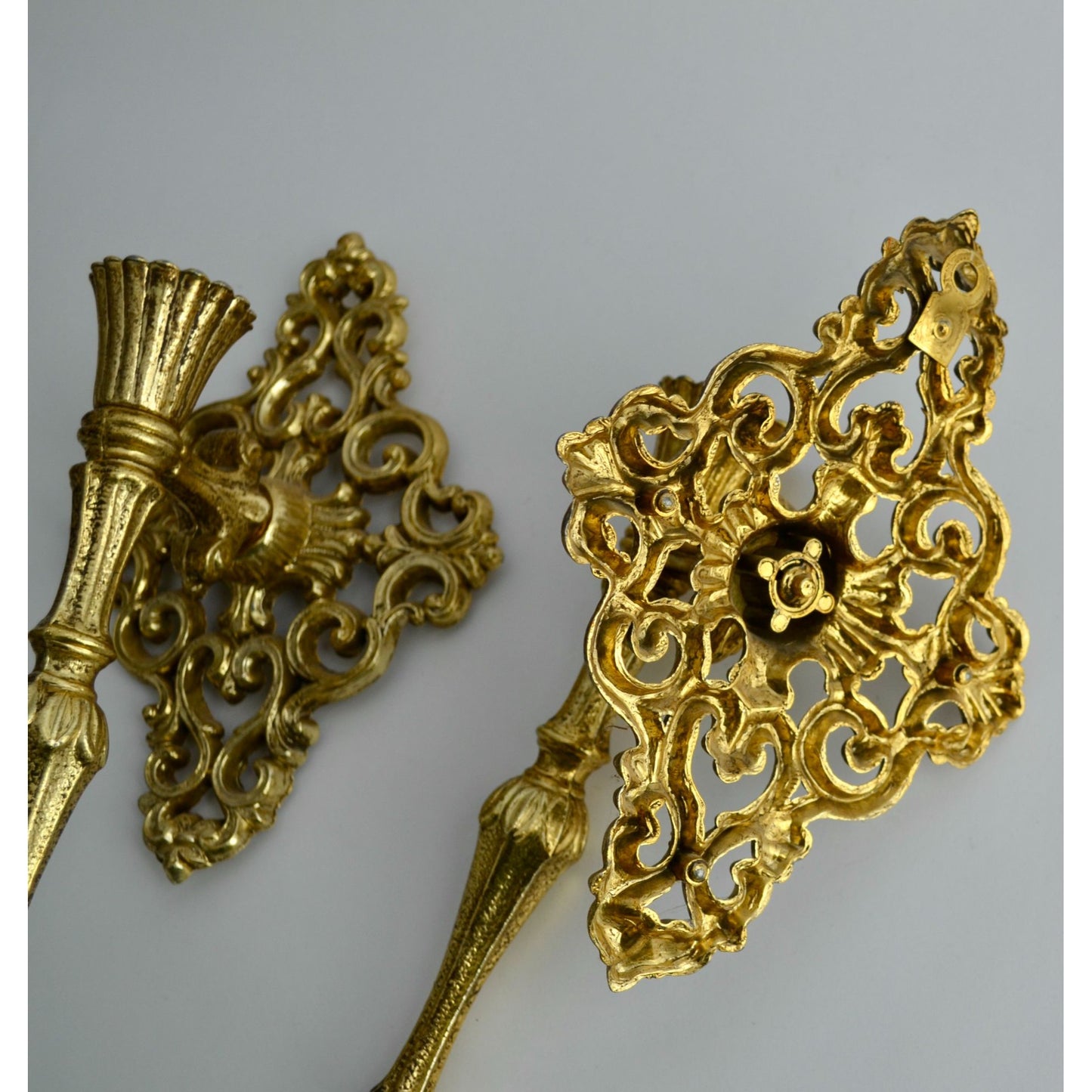 Pair Vintage Brass Wall Sconce Candle Holders Ornate Hollywood Regency Gold