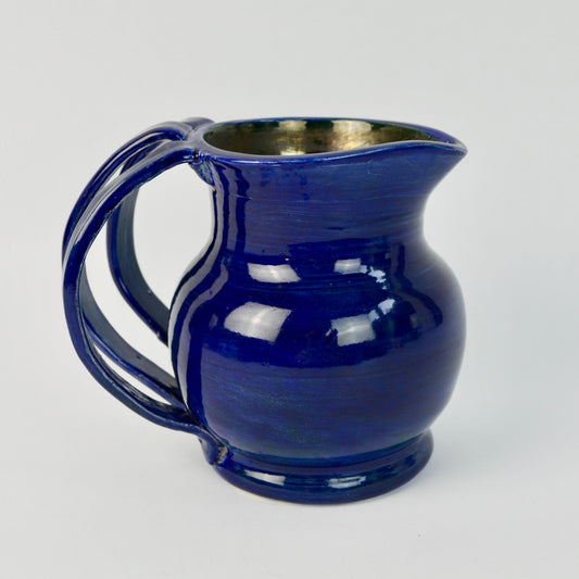 Handmade Amateur Pottery Cobalt Blue Pitcher Triple Handle Signed