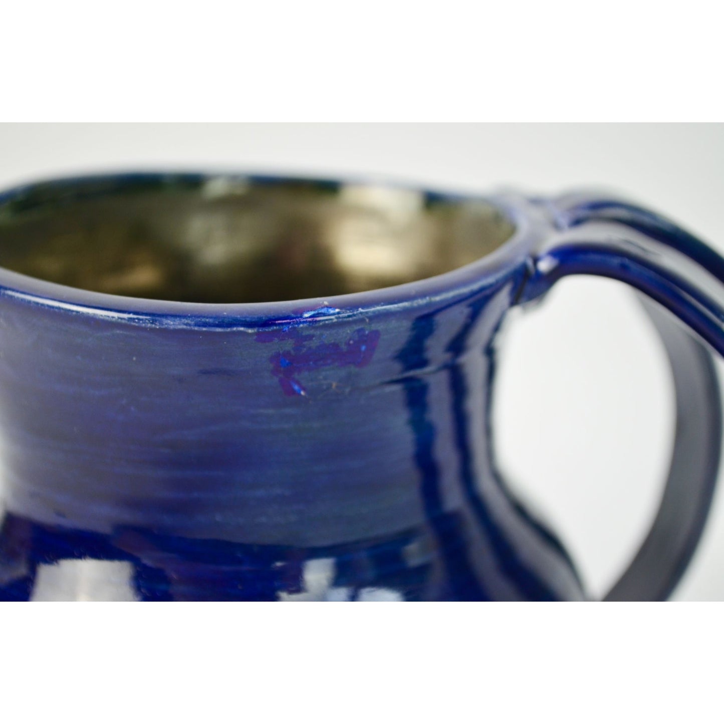 Handmade Amateur Pottery Cobalt Blue Pitcher Triple Handle Signed
