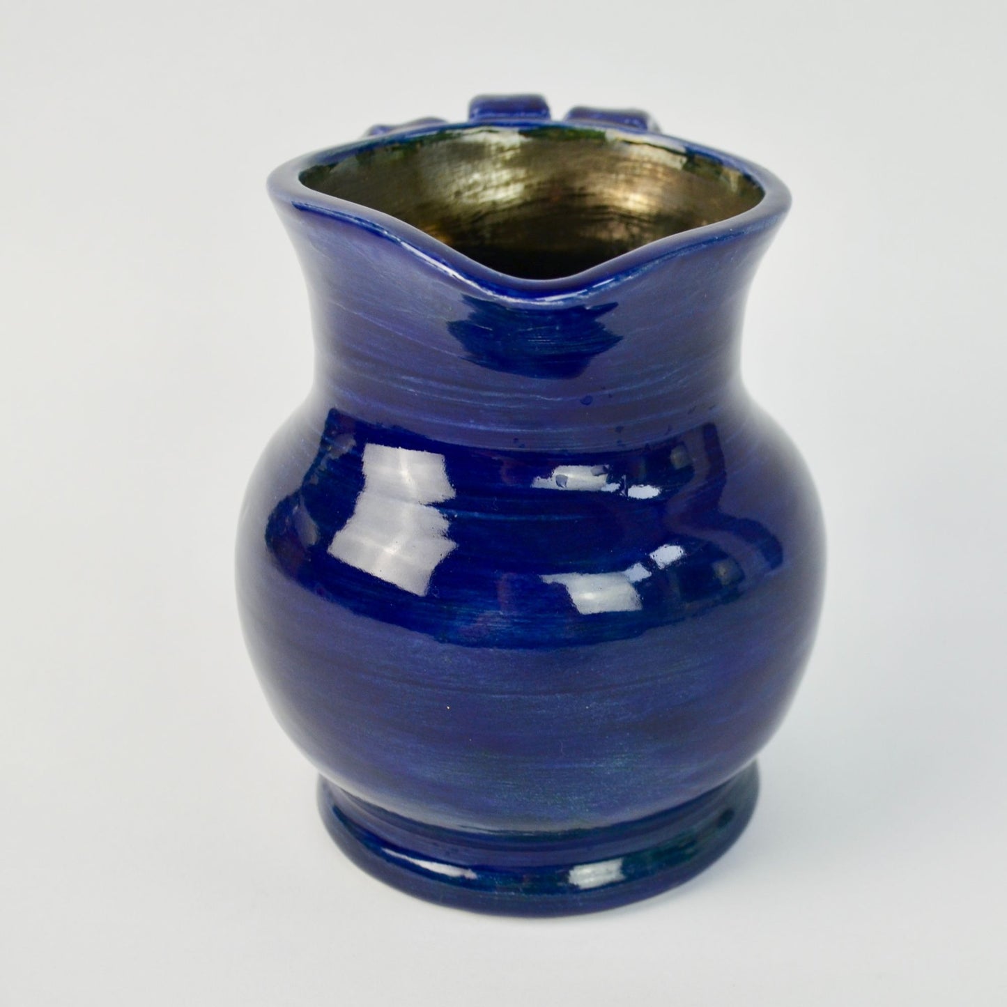 Handmade Amateur Pottery Cobalt Blue Pitcher Triple Handle Signed