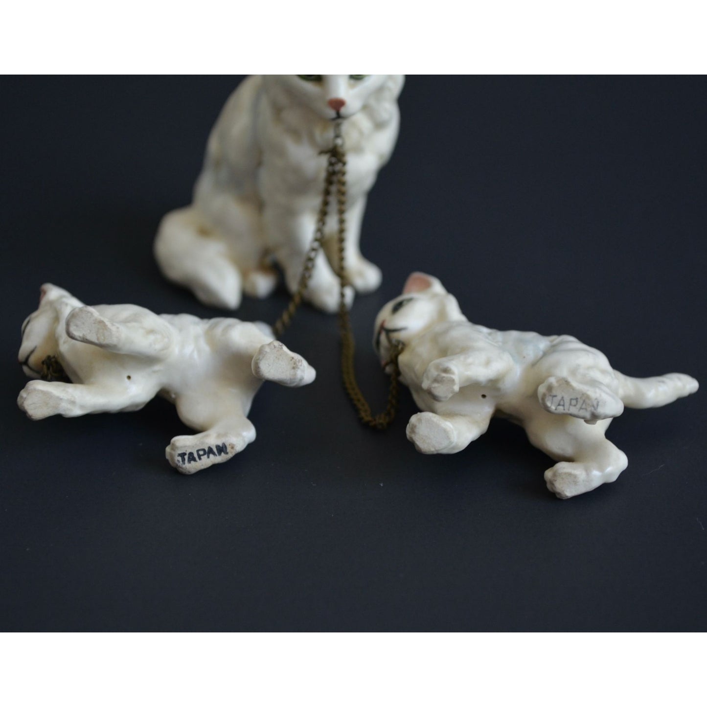 Vintage White Cat Kittens Chained Ceramic Figurines Japan