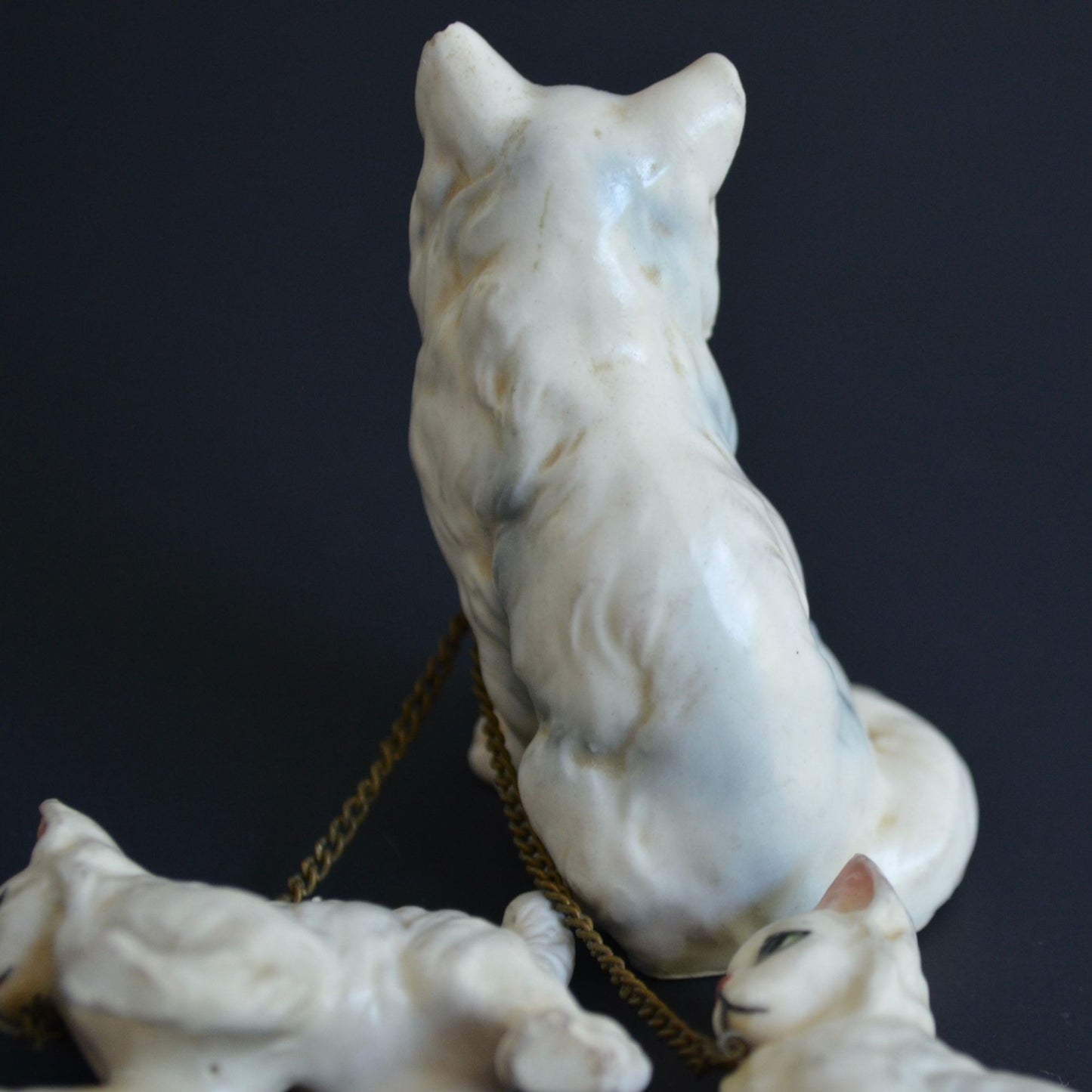 Vintage White Cat Kittens Chained Ceramic Figurines Japan