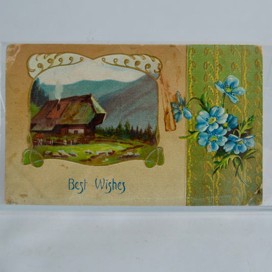 Antique Best Wishes Postcard Mountains Blue Flowers Farm