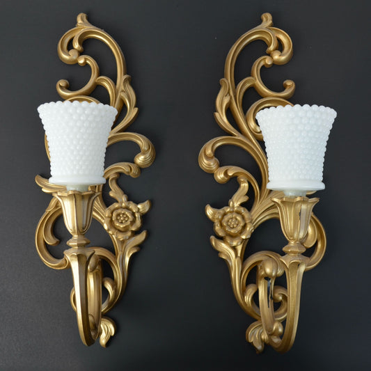 Syroco Vintage Hollywood Regency Gold Painted Candle Sconces with Milkglass Votive Holders