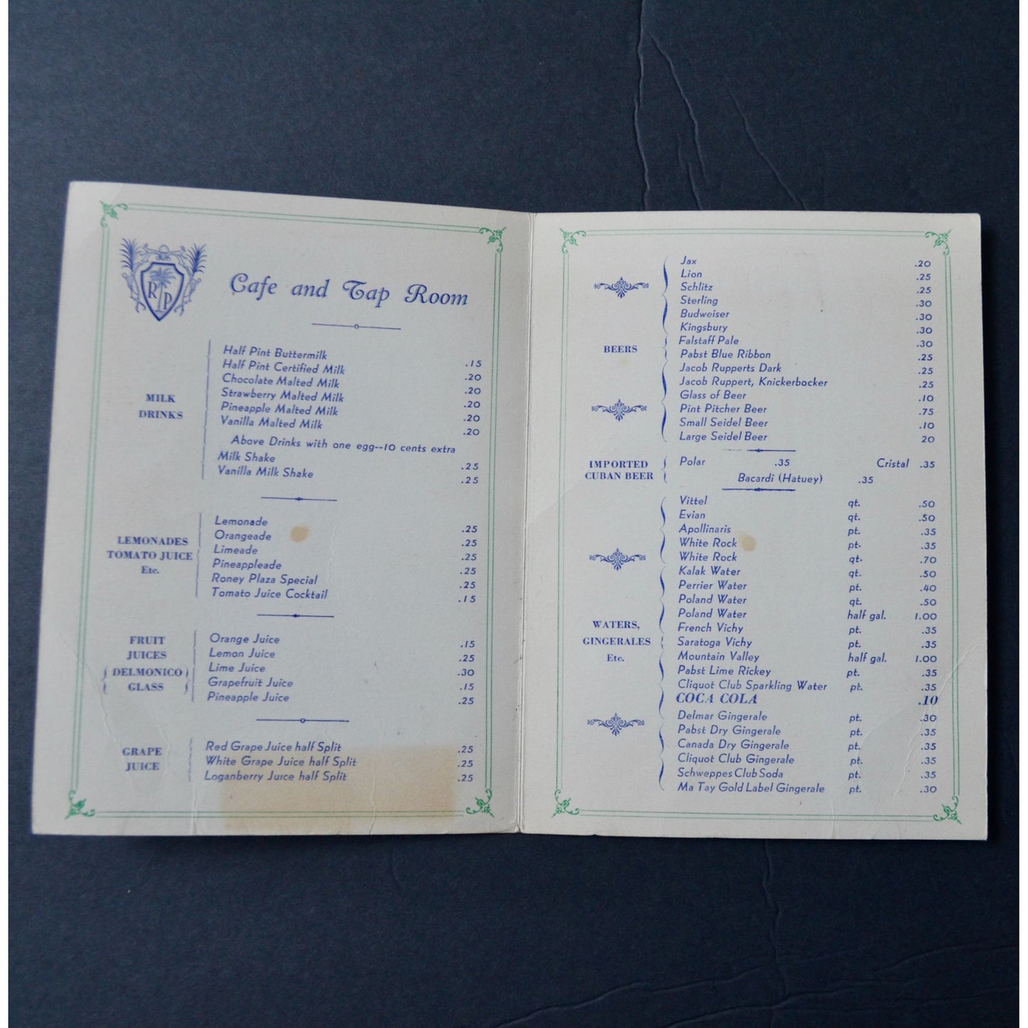 Roney Plaza Hotel Miami Beach Vintage Menu