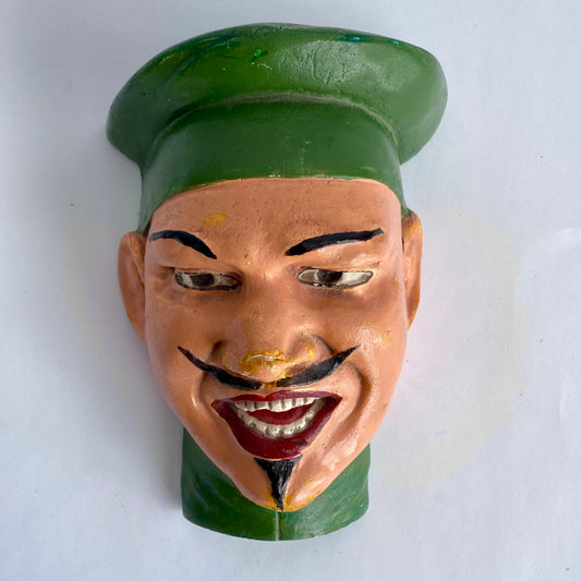 Vintage Chalkware String Holder Angry French Chef Green Beret