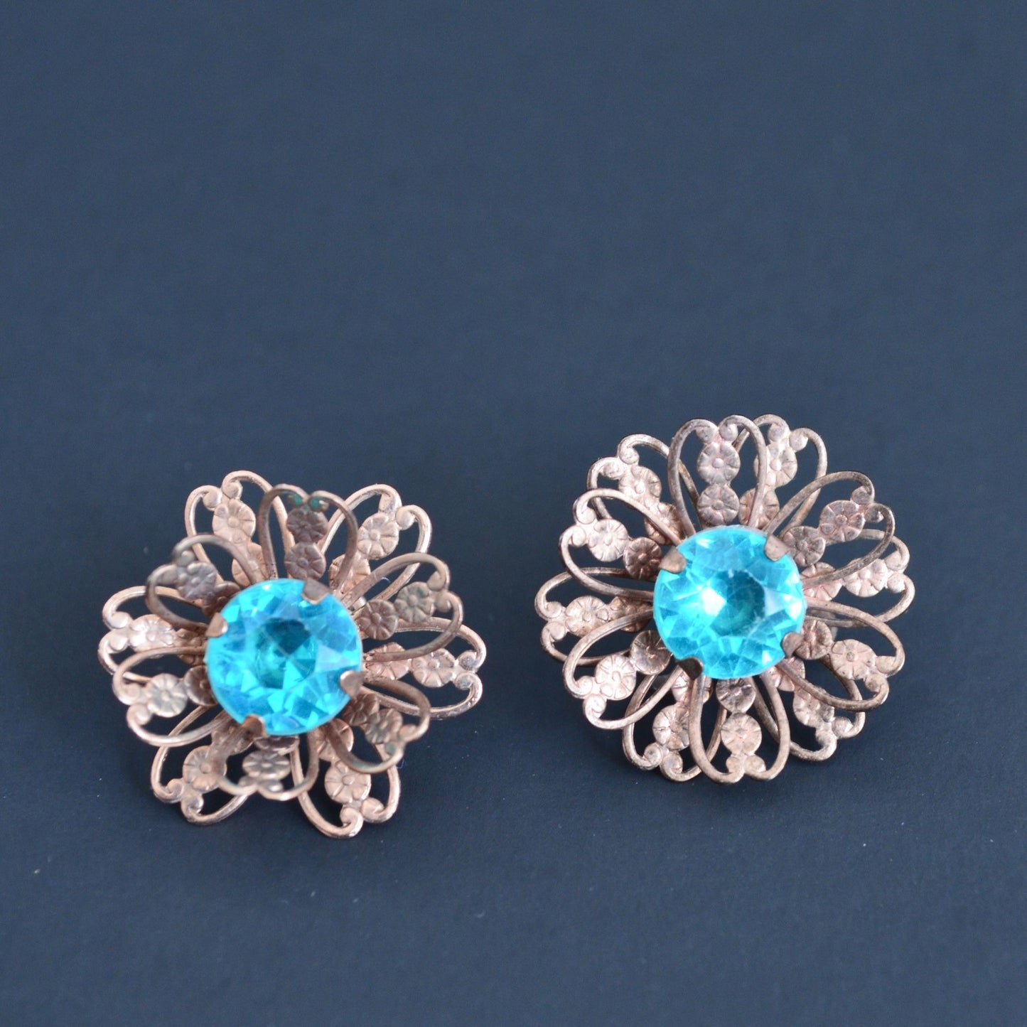 Vintage Copper Blue Gemstone Screw Back Earrings