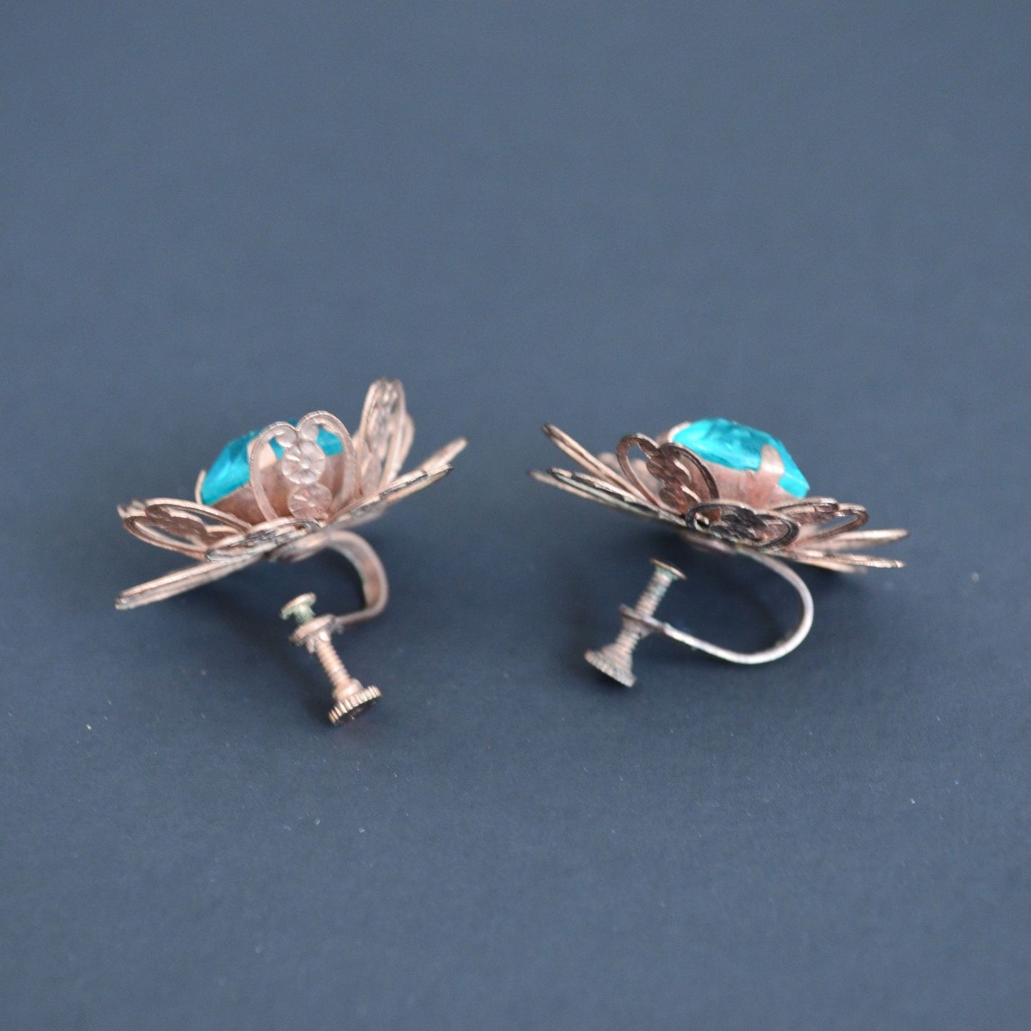 Vintage Copper Blue Gemstone Screw Back Earrings