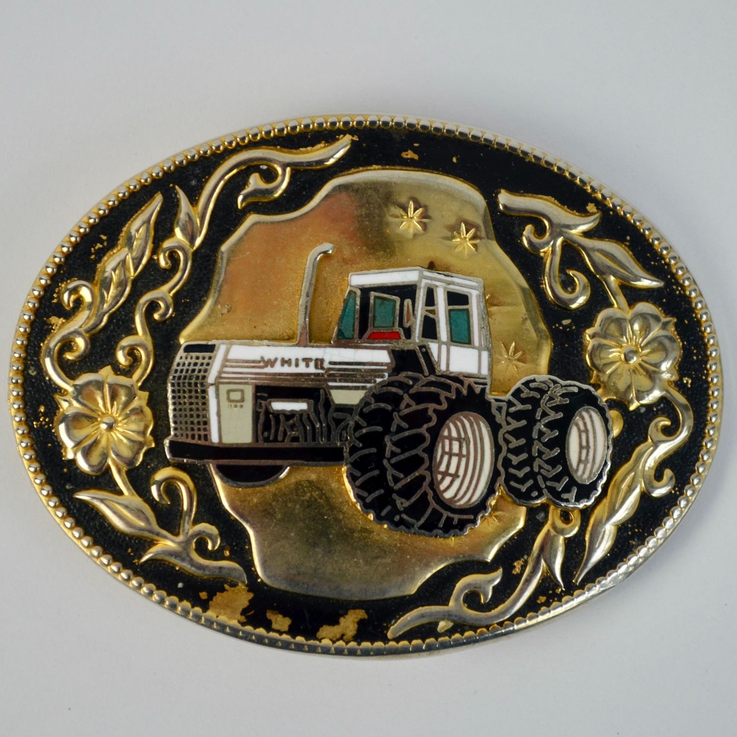 White Tractor Floral Gold Black Detail Belt Buckle Vintage