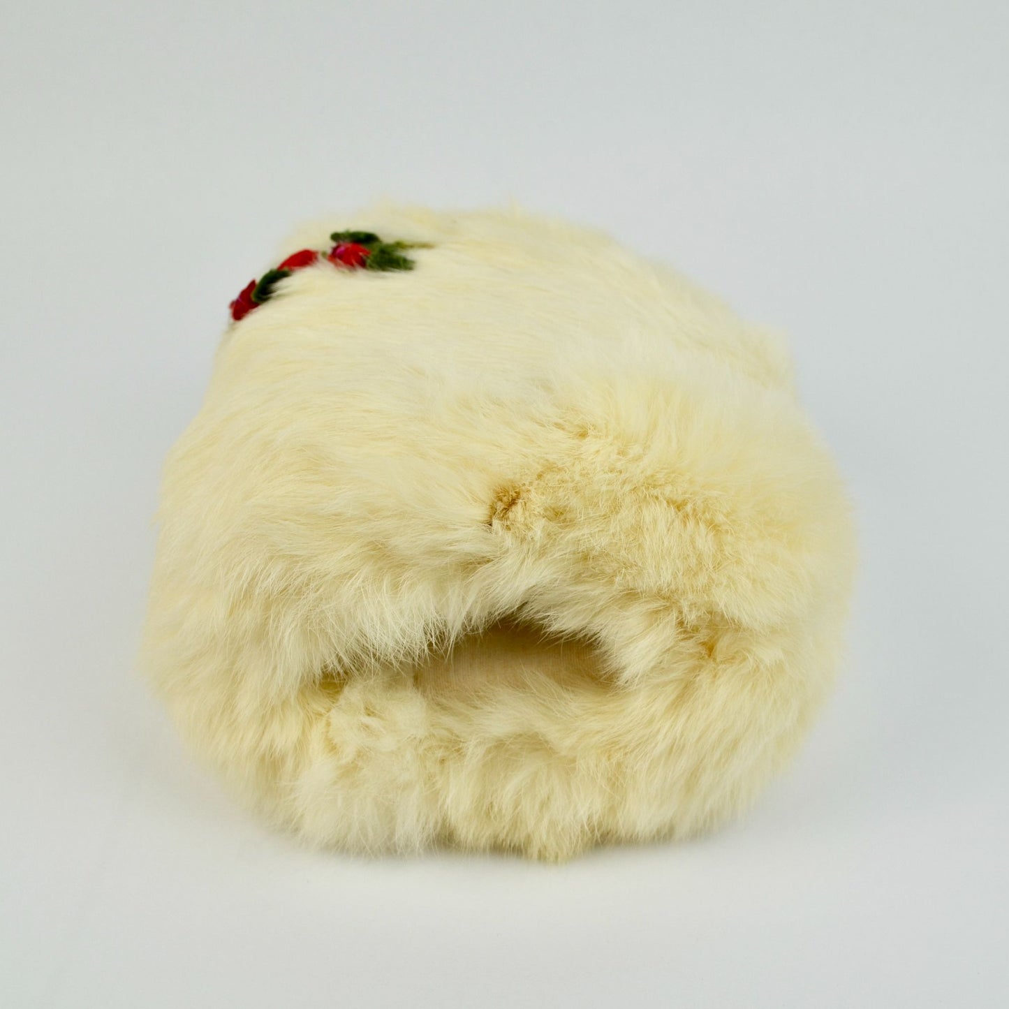 Vintage Cream Rabbit Fur Hand Muff Genuine with Festive Red & Green Accents