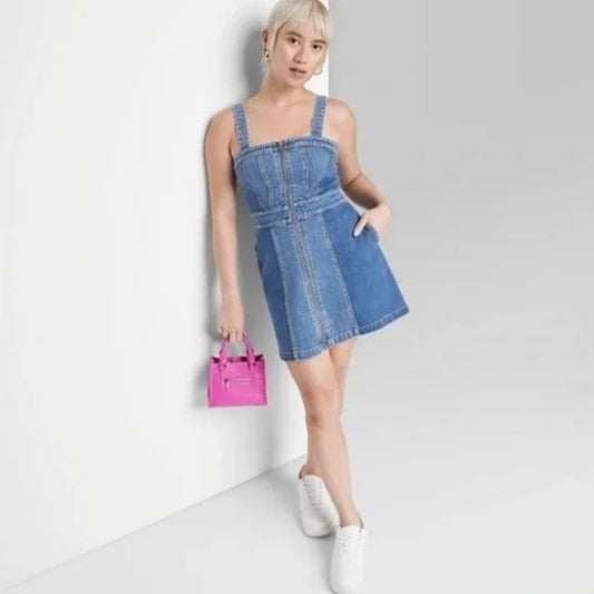 Wild Fable Denim Mini Pinafore Medium Wash Patchwork Dress XS
