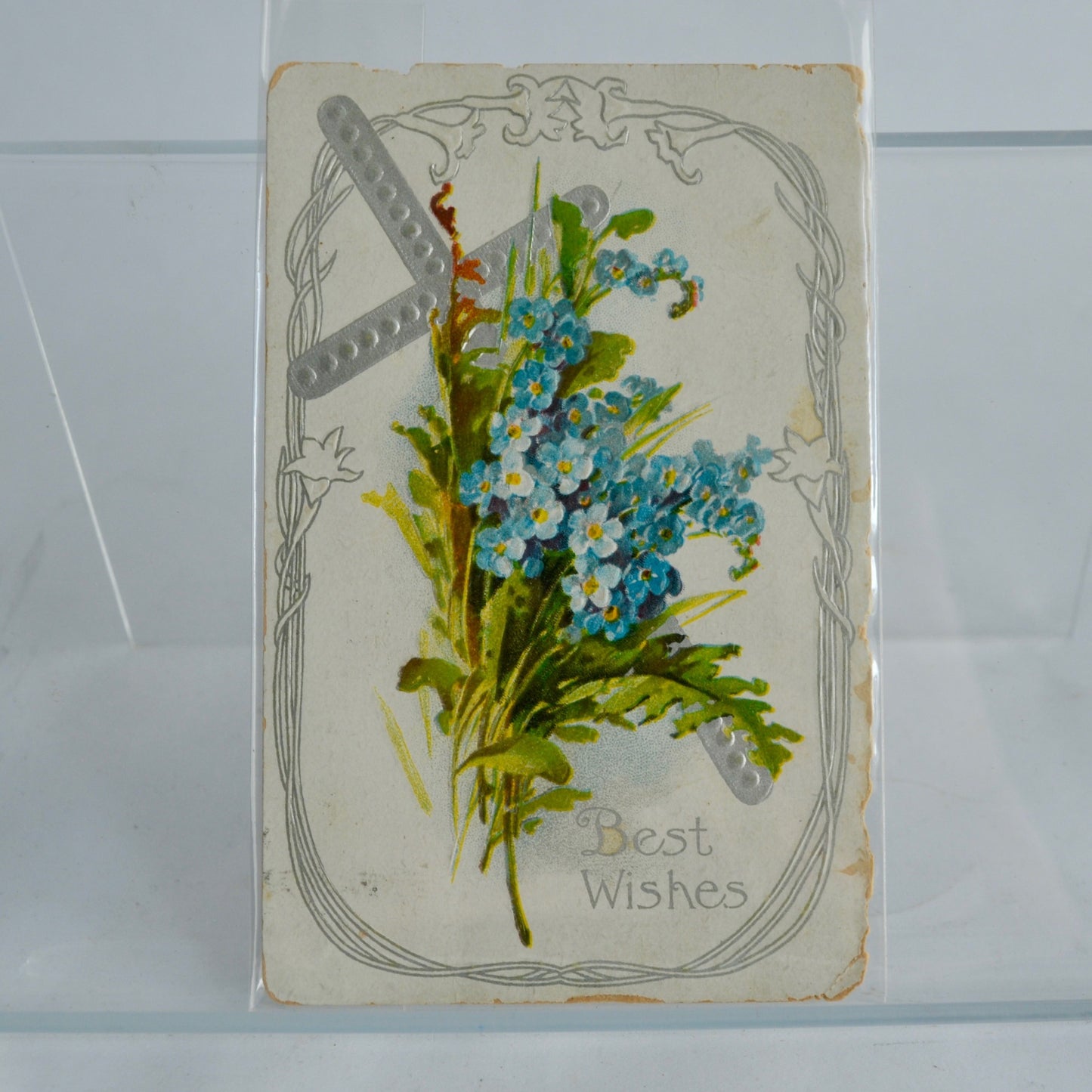 Antique Best Wishes Cross Lily Blue Flowers Postcard Stamped