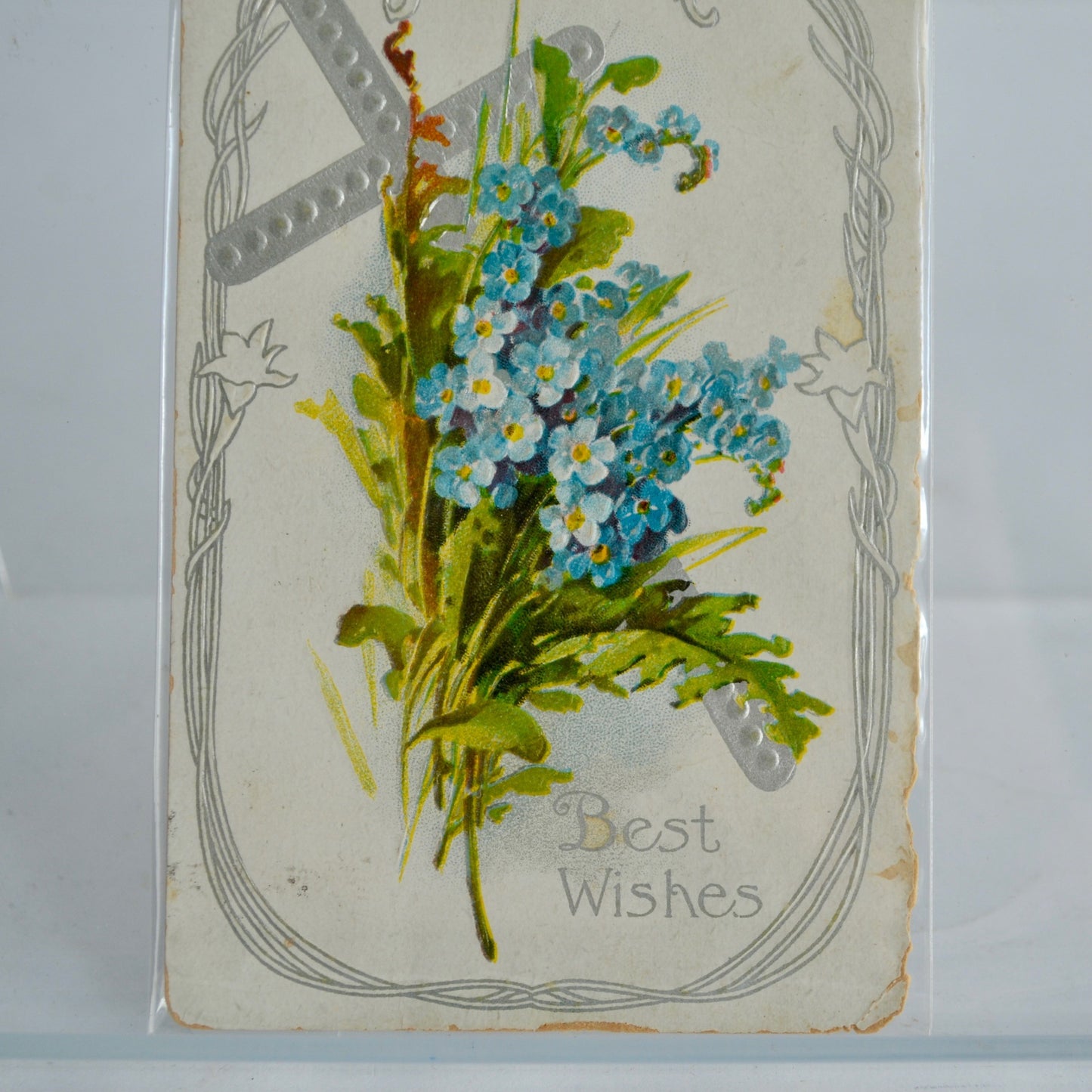 Antique Best Wishes Cross Lily Blue Flowers Postcard Stamped