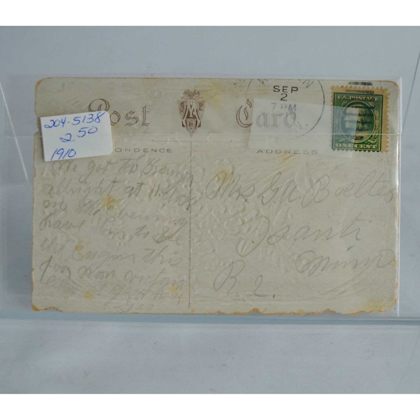 Antique Best Wishes Cross Lily Blue Flowers Postcard Stamped