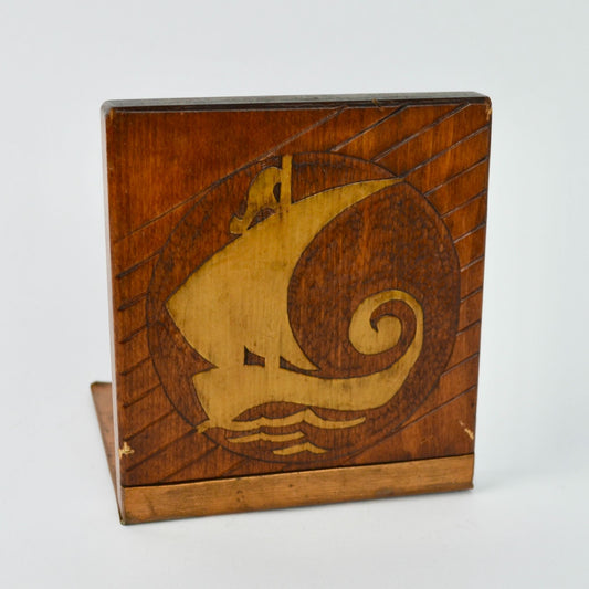 Vintage Solid Wood & Copper Carved Bookend Single