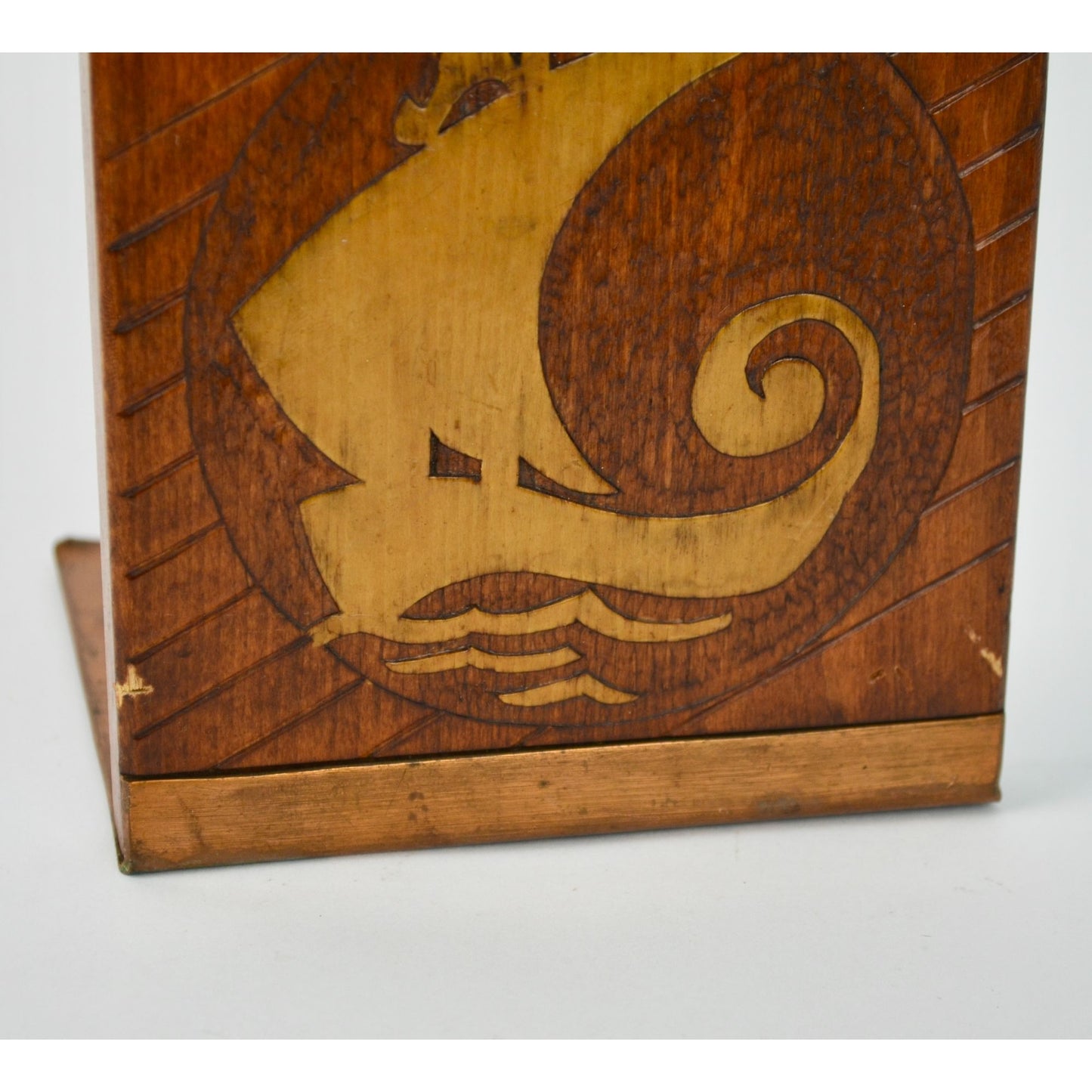 Vintage Solid Wood & Copper Carved Bookend Single