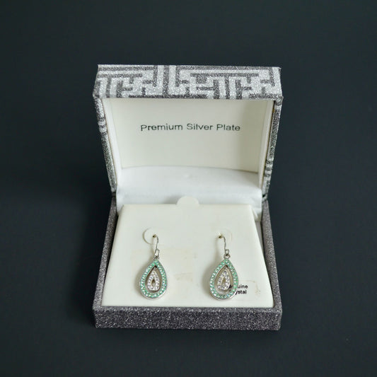 Green & White Genuine Crystal Teardrop Earrings Silver Plate New