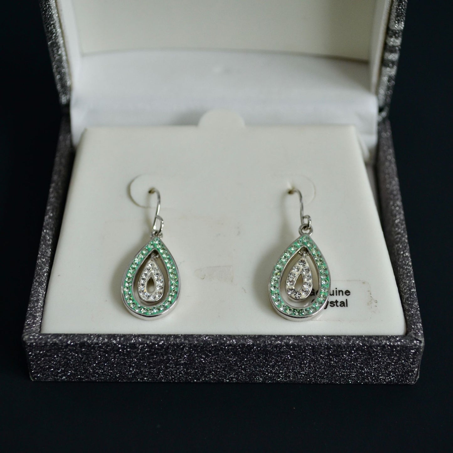 Green & White Genuine Crystal Teardrop Earrings Silver Plate New