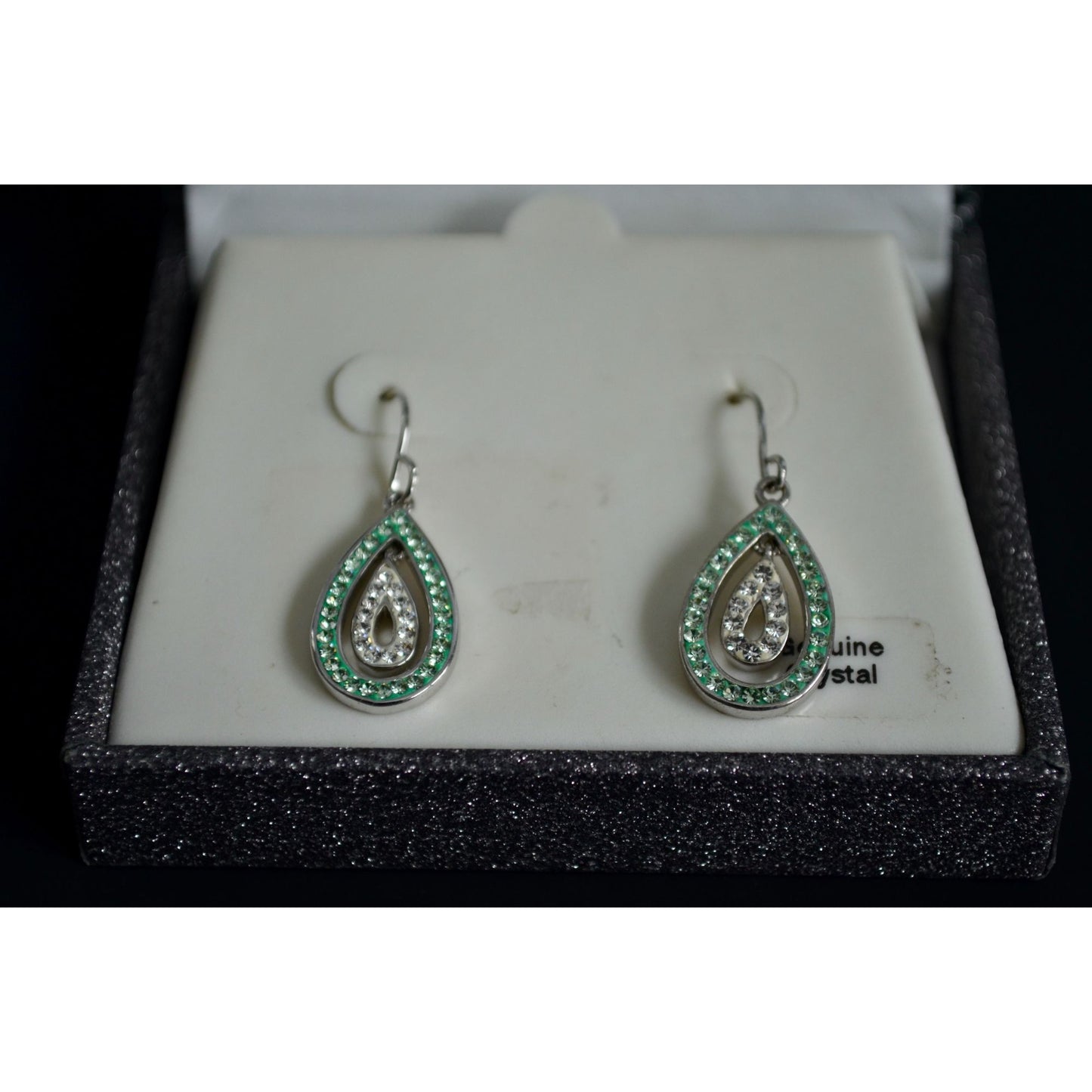 Green & White Genuine Crystal Teardrop Earrings Silver Plate New