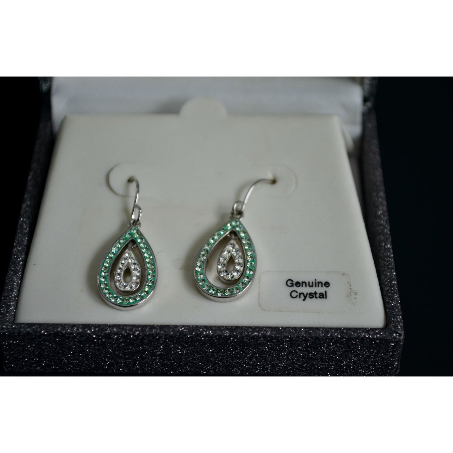 Green & White Genuine Crystal Teardrop Earrings Silver Plate New