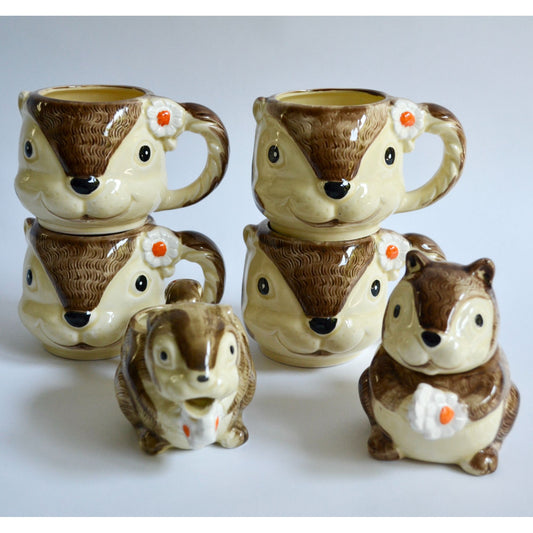 Enesco 1979 Japan Squirrel Chipmunk Anthropomorphic Mugs Creamer & Sugar Set