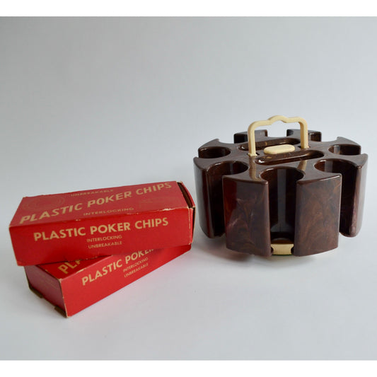 Vintage Brown Bakelite Rotating Carousel Poker Chip Holder & Chips