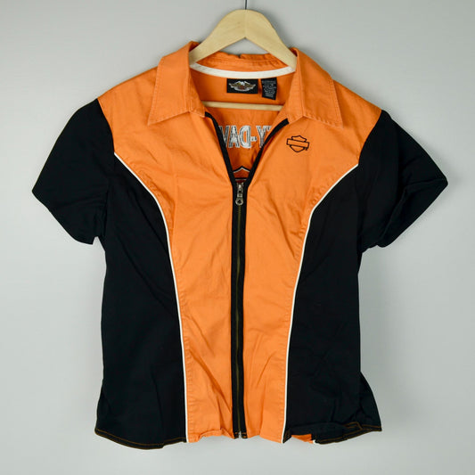 Harley Davidson Orange Black Women's Mechanic Shirt Embroidered XL
