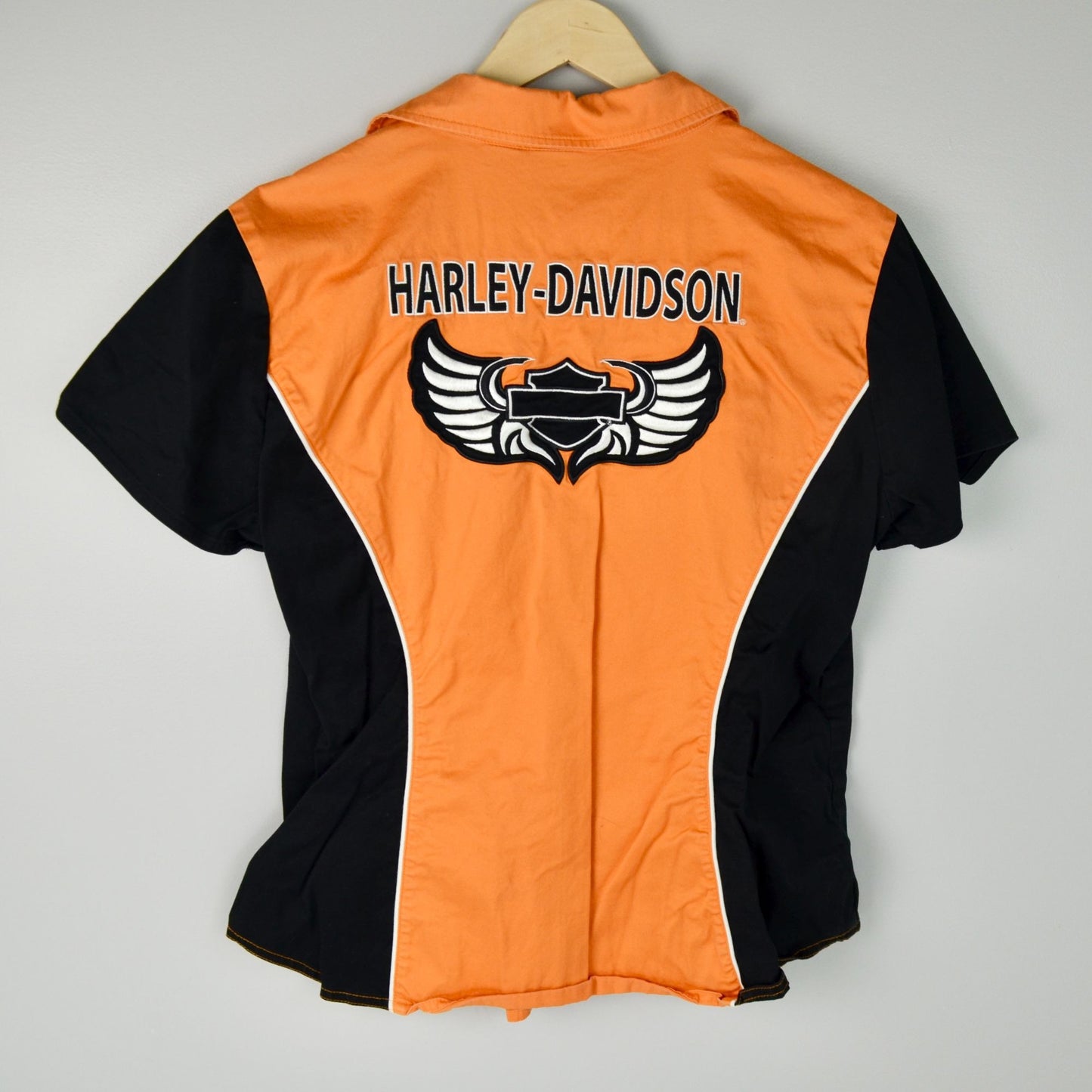 Harley Davidson Orange Black Women's Mechanic Shirt Embroidered XL