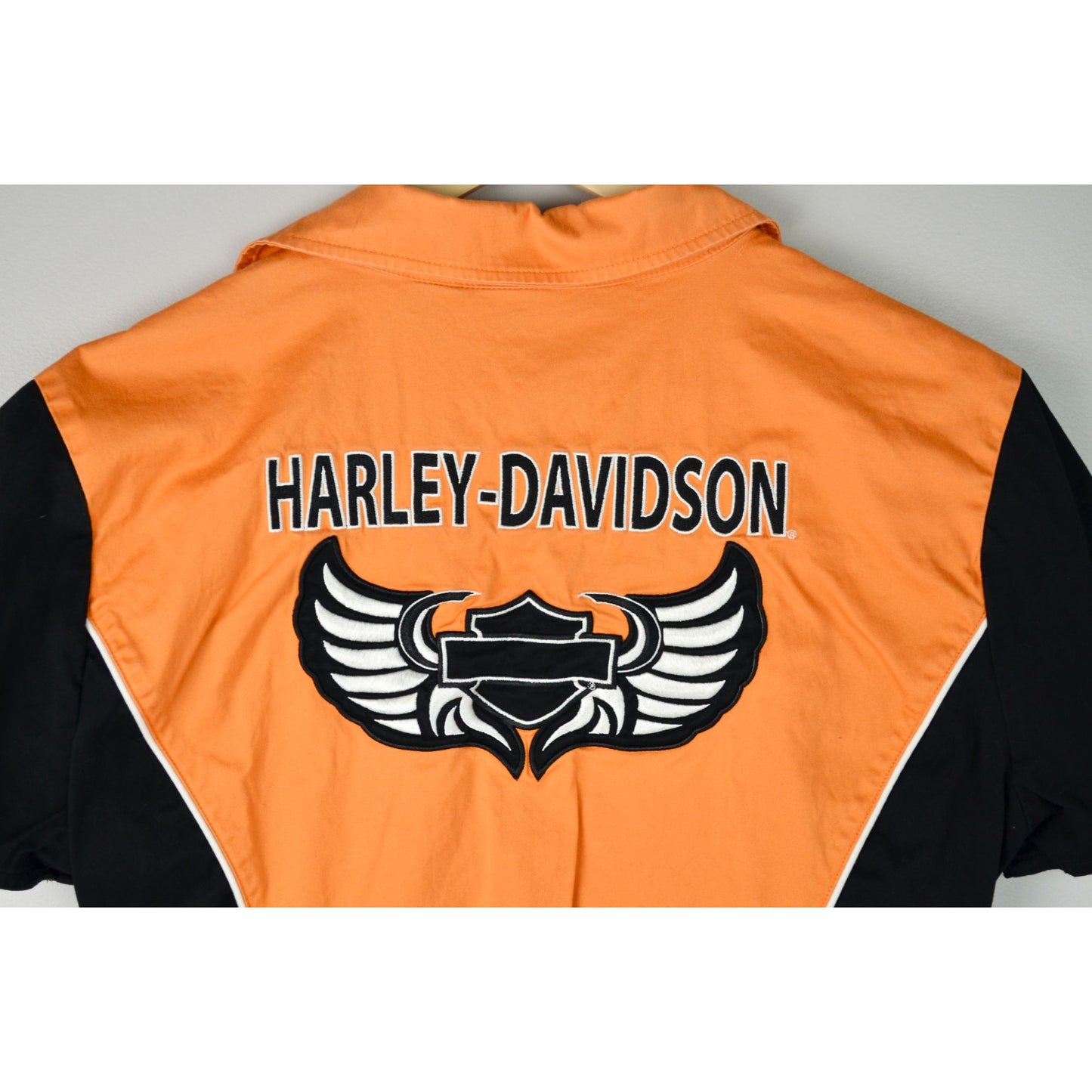 Harley Davidson Orange Black Women's Mechanic Shirt Embroidered XL