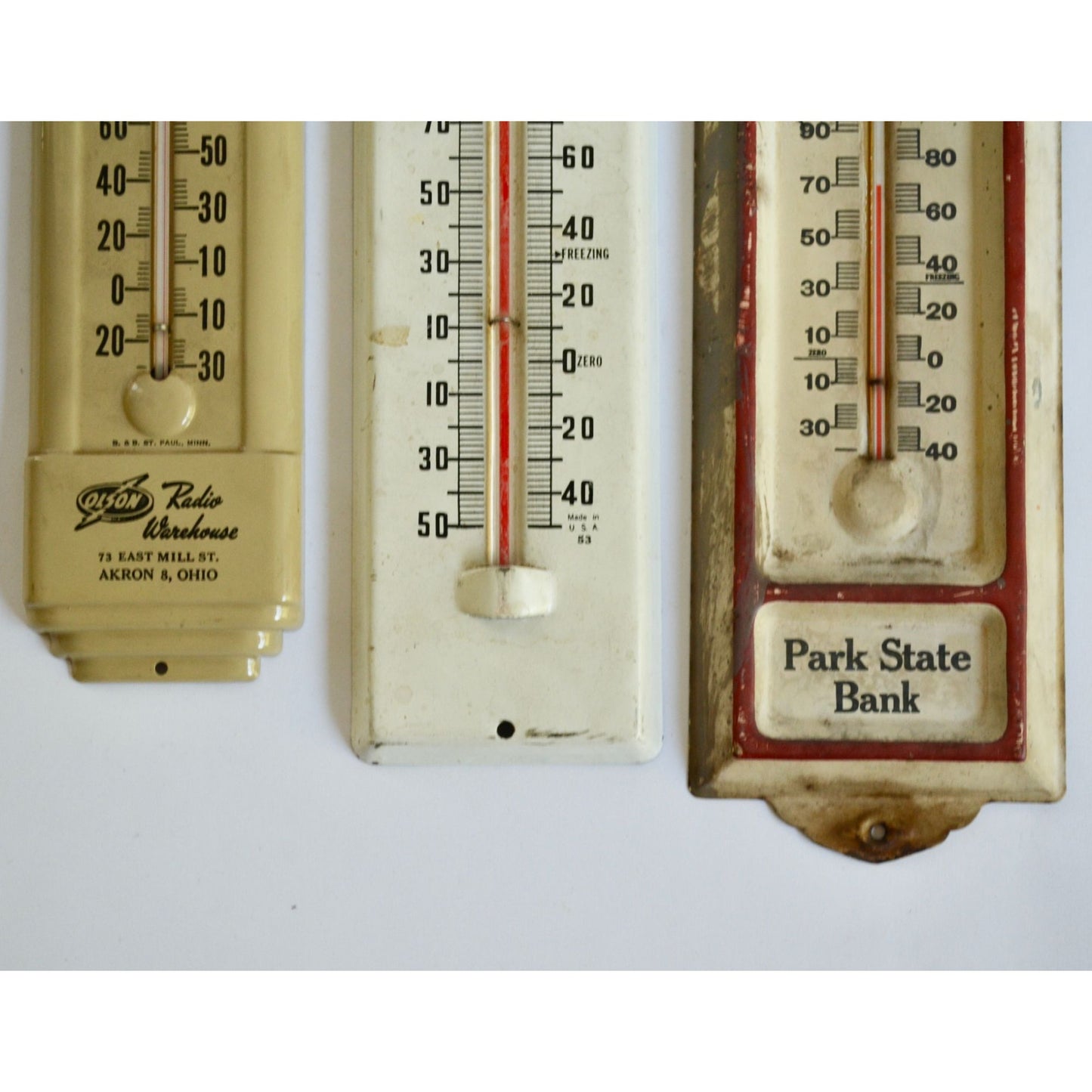 Lot 3 Vintage Thermometers Local Advertising Radio Warehouse Park State Bank