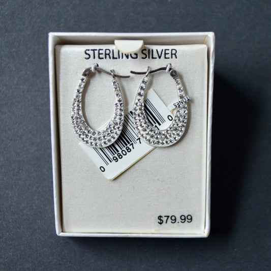 Sterling Silver .925 Polished Oval Hoop Clear Precioza Stones Earrings New