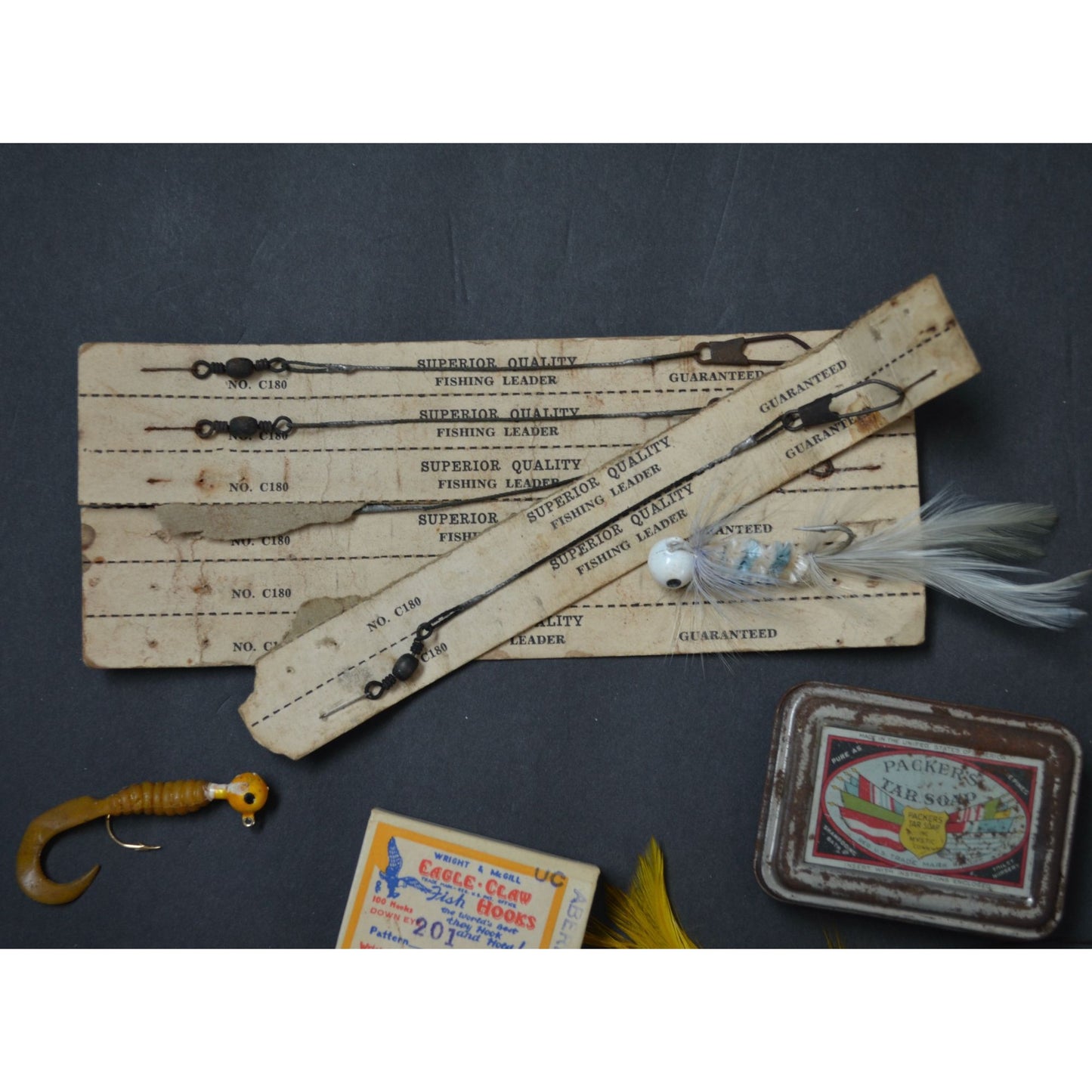 Vintage Fishing Lure Lot Jigs Leaders Hooks