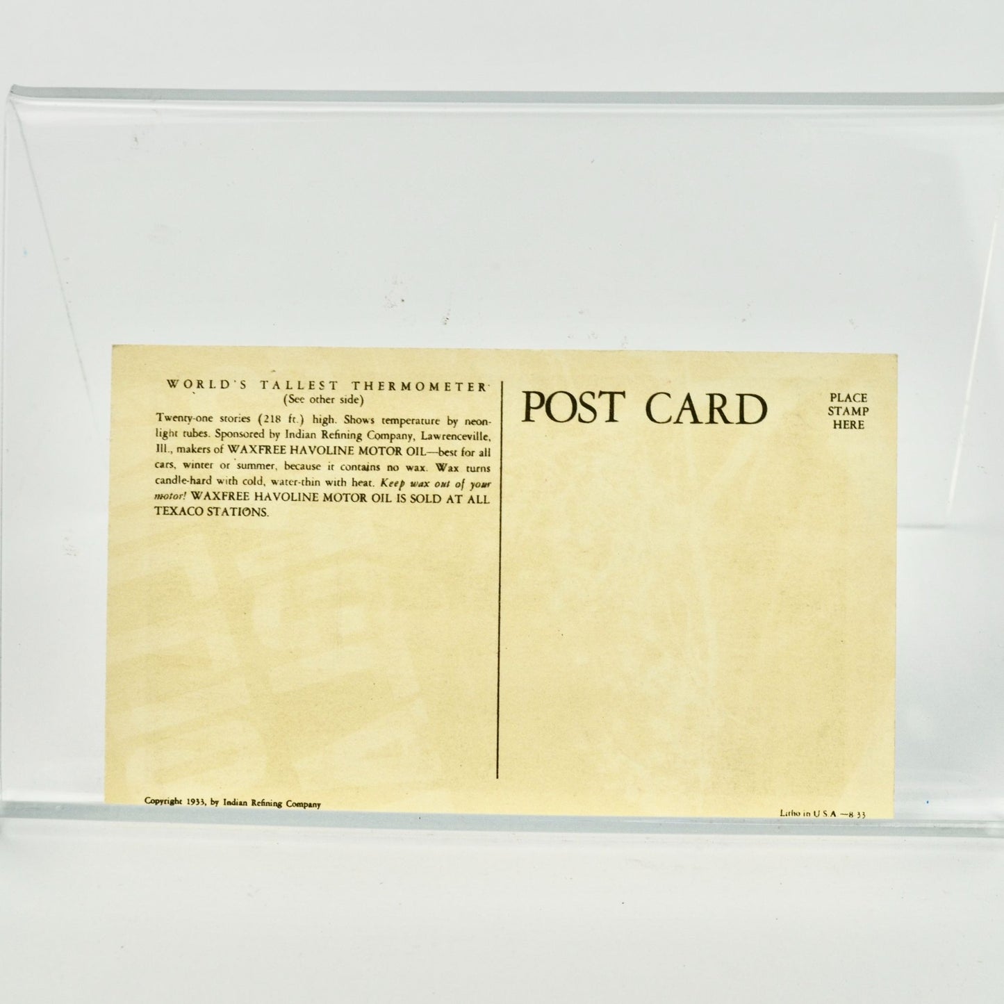 Havoline Thermometer Chicago 1933 Postcard UNUSED Vintage