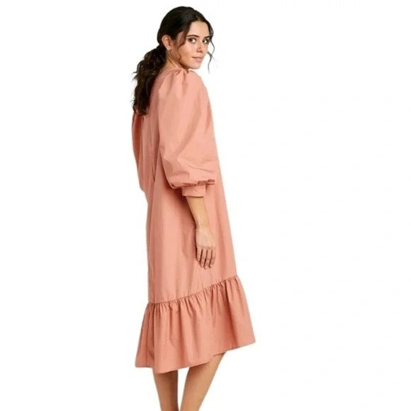 A New Day Puff Quarter Length Sleeve Ruffle Hem Midi Dress Coral/Nude New