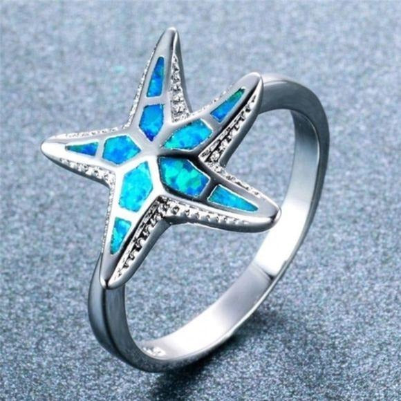 New Blue Fire Opal Starfish Ring Silver