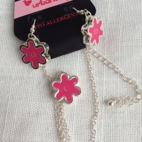 NEW Pink & Silver Flower Earrings & Necklace
