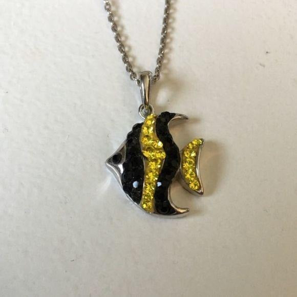 NEW Black & Yellow CZ Crystal Fish Necklace    NWT