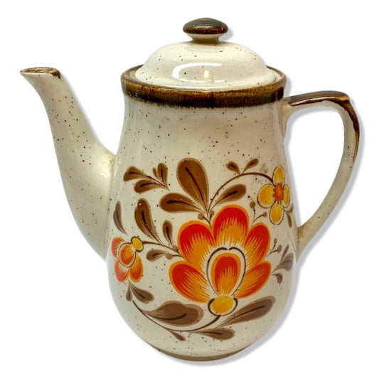 Vintage Brown Speckled Lidded Teapot Orange Floral
