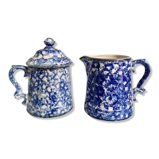 Blue Ceramic Sugar and Creamer Set Spongeware