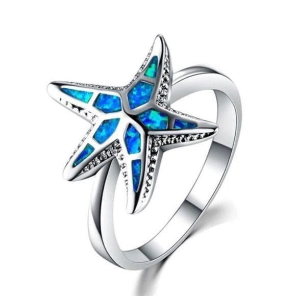 New Blue Fire Opal Starfish Ring Silver
