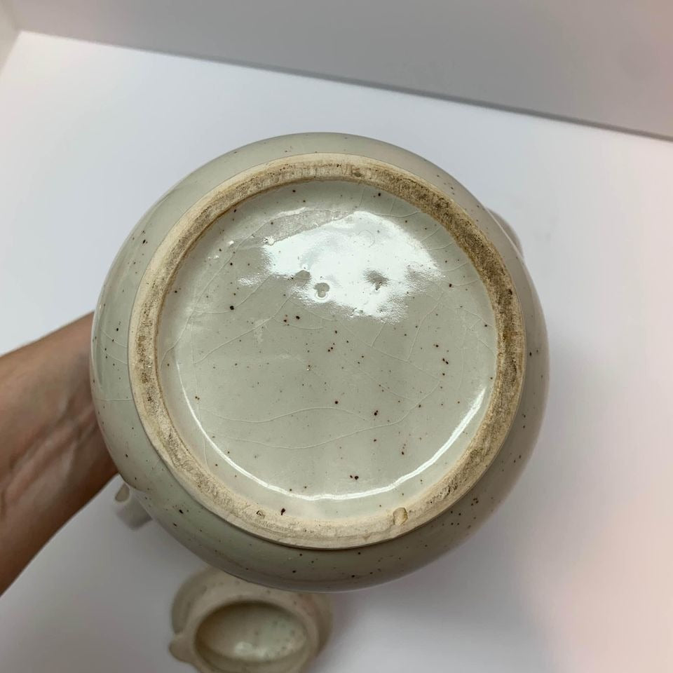 Vintage Brown Speckled Lidded Teapot Orange Floral