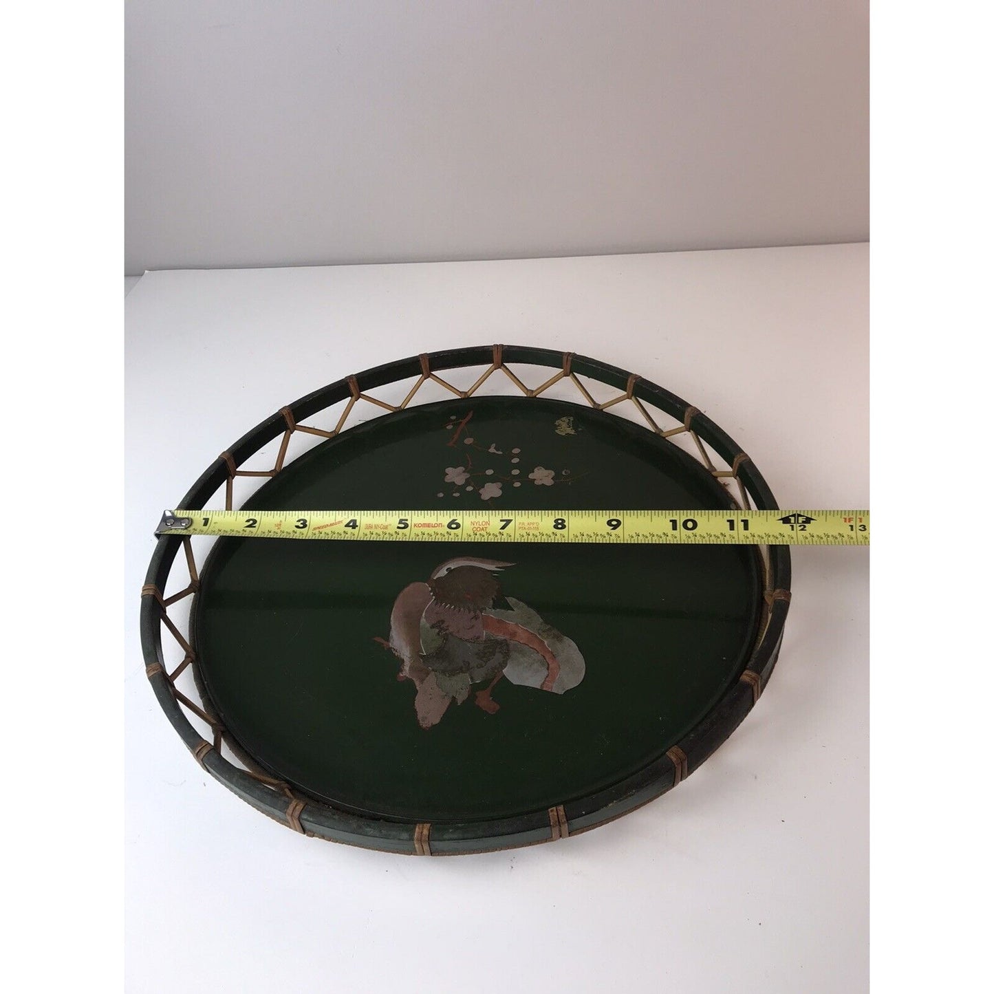 Vintage Asian Style Tray Basket Japanese? Chinese? Bird Home Decor Green