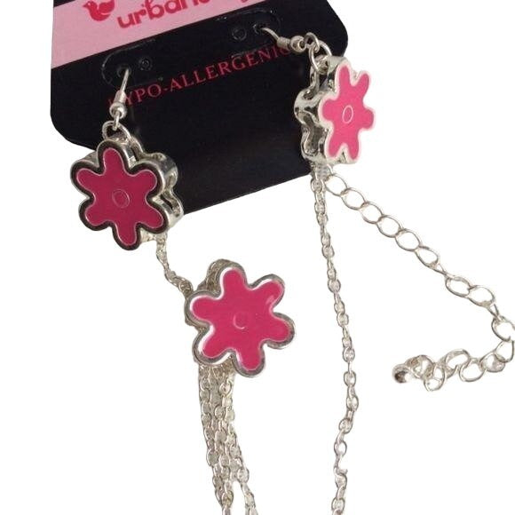 NEW Pink & Silver Flower Earrings & Necklace