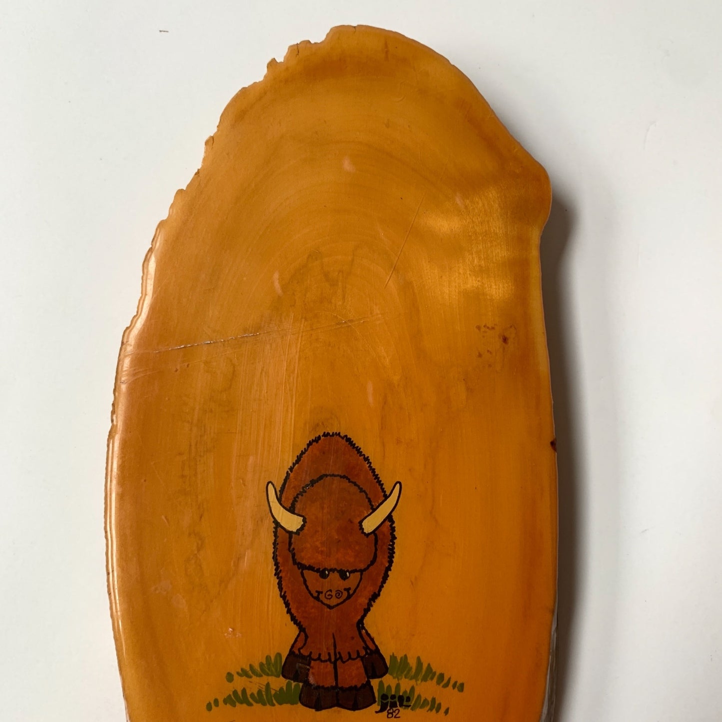 Vintage 1982 Adorable Painted American Bison on Wood Slice