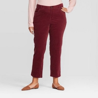 Ava & Viv Plus Skinny Straight Fit Cropped Corduroy Pants Dark Burgundy