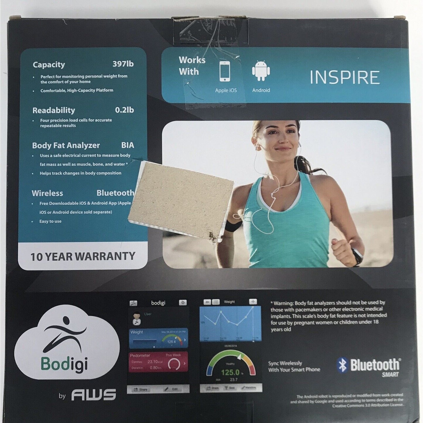 Bodigi Inspire Smart Body Fat Scale by AWS 397 lb x .2 lb Bluetooth IOS Android