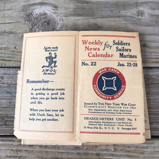 Antique Weekly News Calendar Soldiers Sailors Marines No. 22 NY War Camp WWI ?