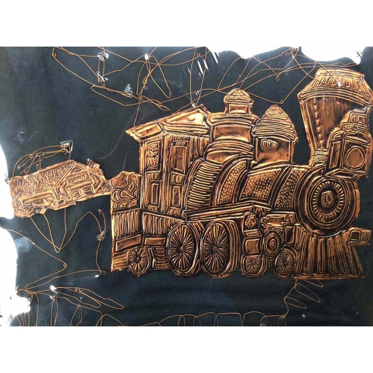 Vintage String & Copper Wire Nail Art Train Locomotive & Depot Black Sealed