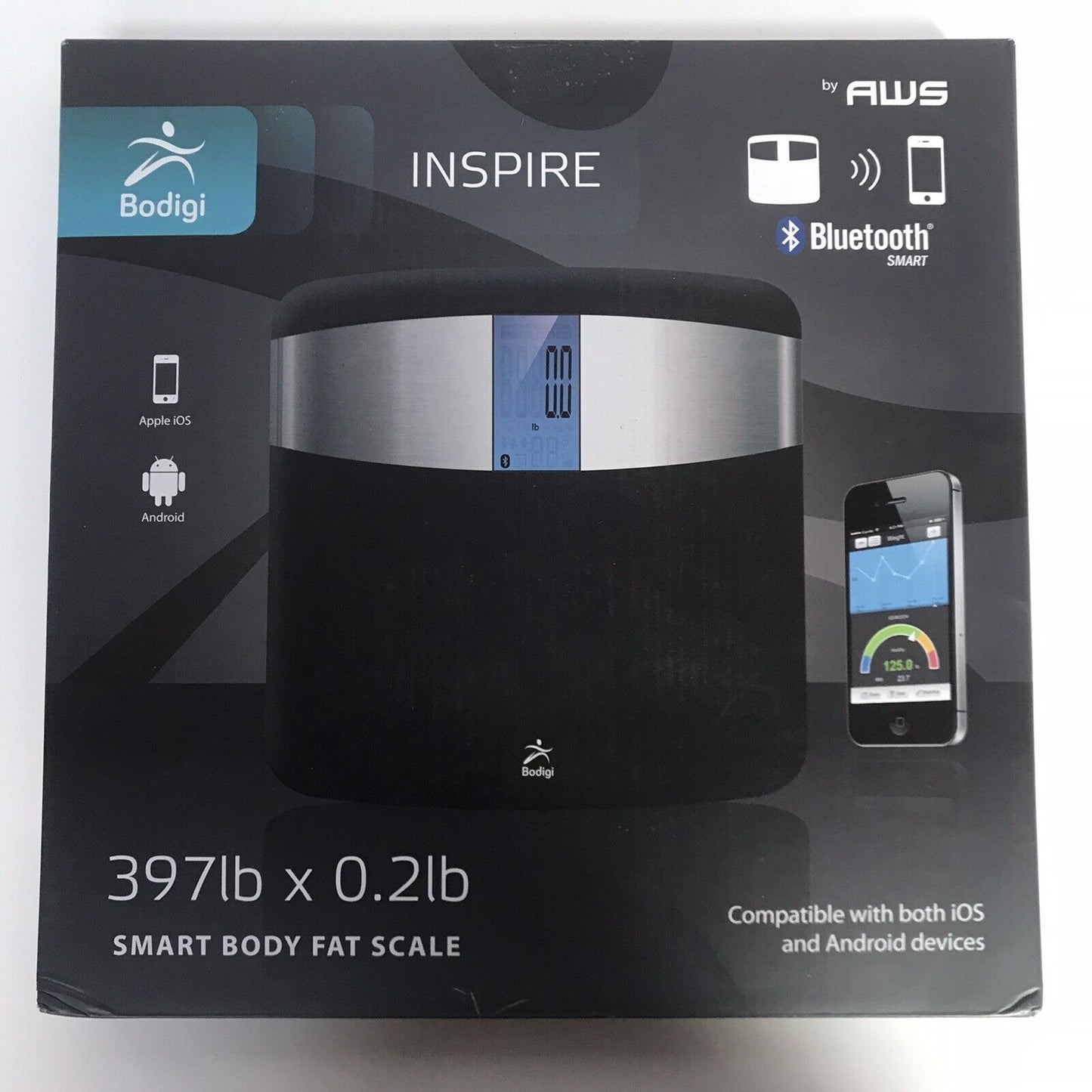 Bodigi Inspire Smart Body Fat Scale by AWS 397 lb x .2 lb Bluetooth IOS Android