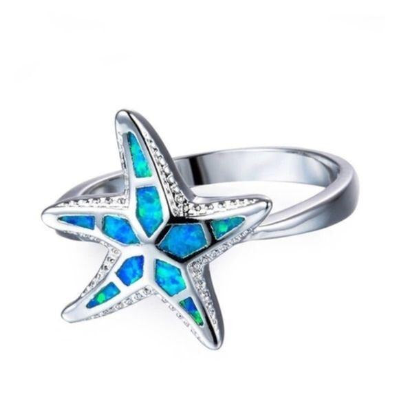 New Blue Fire Opal Starfish Ring Silver